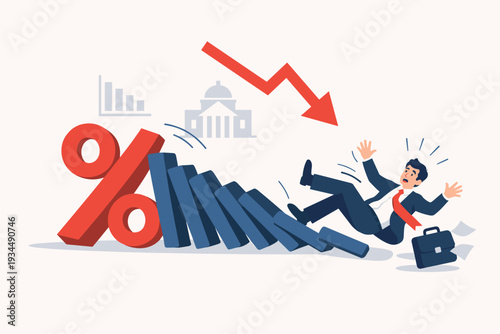 Businessman falling as interest rate percentage symbol causes domino effect on economy, financial crisis, market recession, and inflation impact with downward arrow and federal reserve building