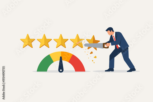 Investment Rating Downgrade Concept with Businessman Sawing Five Stars to Four, Credit Score Reduction, Corporate Bond Performance Decline, Financial Risk Management, and Economic Crisis Illustration