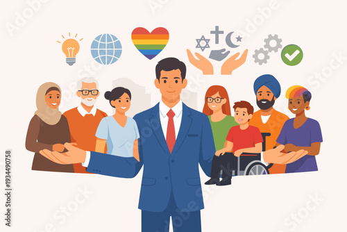 Diverse Group of People Representing Inclusion and Equality in the Workplace with Icons for Religion, LGBTQ+, Disability, and Age Diversity, Led by a Professional Businessman in a Blue Suit.