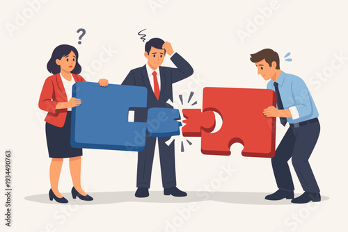 Business professionals struggling to fit broken puzzle pieces together, symbolizing a wrong decision, failure of incorrect solution, mismanagement, and teamwork error in a corporate office.
