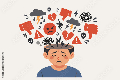 Sad man with open head releasing negative thoughts and emotions like anger, depression, anxiety, and stress, illustrated with symbols of broken hearts, storm clouds, skulls, and thumbs down icons.