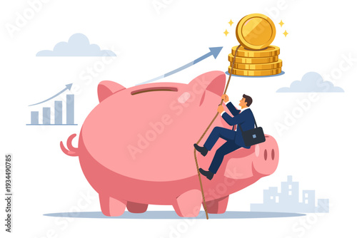 Businessman sitting on a giant piggy bank pulling a stack of gold coins with a rope, representing personal finance strategy, investment growth, retirement savings, and financial wealth success.