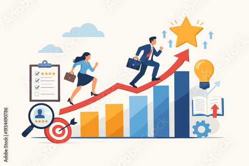 Performance Management and Employee Appraisal Concept with Business People Running Up a Growth Arrow Towards a Star; Career Development, Professional Success, and Goal Achievement Illustration.