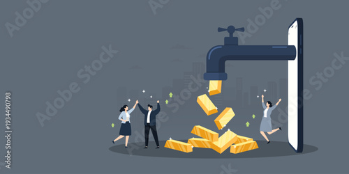 Business people celebrating as gold bars pour out of a faucet connected to a smartphone. Digital wealth, mobile banking, and gold investment success.