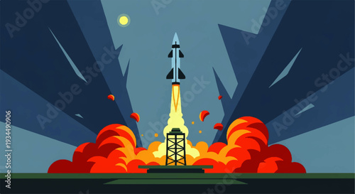 Dynamic illustration of a powerful rocket launching, ascending skyward with a fiery exhaust plume, symbolizing innovation, technological progress, and the ambitious pursuit of space exploration