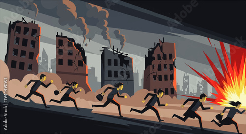 Illustration of people running from an explosion amidst destroyed buildings, symbolizing disaster and escape
