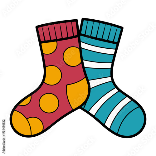 

Vector illustration of a pair of colorful winter socks and red rubber rain boots isolated for fashion footwear