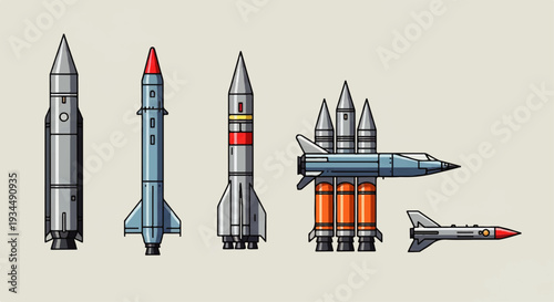 Stylized illustration showcasing diverse rocket and missile models, representing advanced propulsion and aerospace technology for military and scientific endeavors