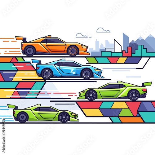 Racing Cars Speeding Through Abstract Cityscape with Colorful Geometric Patterns