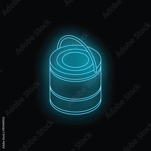 Neon blue paint can glowing on dark background, concept for night renovation or diy