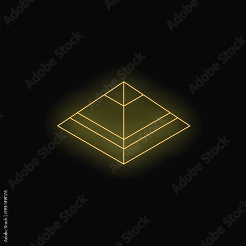 Minimalist illustration featuring a neon yellow pyramid glowing on a black background