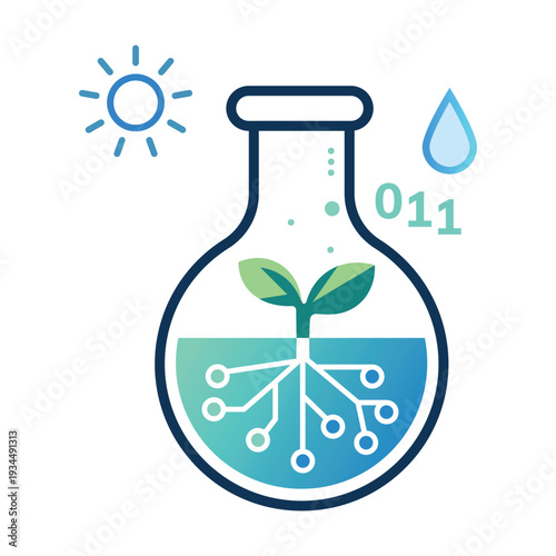 Smart agriculture and ai space farming concept with growing plant in laboratory flask and digital circuit roots vector