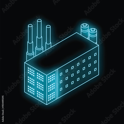Neon blue factory building with chimneys and battery storage glowing on dark background, isometric projection