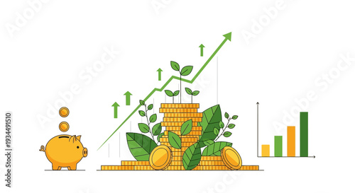 Financial growth concept: Piggy bank, coins, plants, rising graph, and bar chart on white background