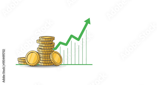 Financial Growth: Stack of Coins and Upward Trend Arrow on Bar Chart
