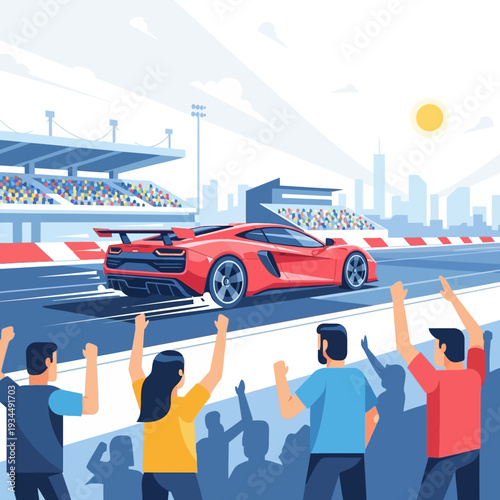 Red Sports Car Racing on Track with Cheering Crowd and City Skyline