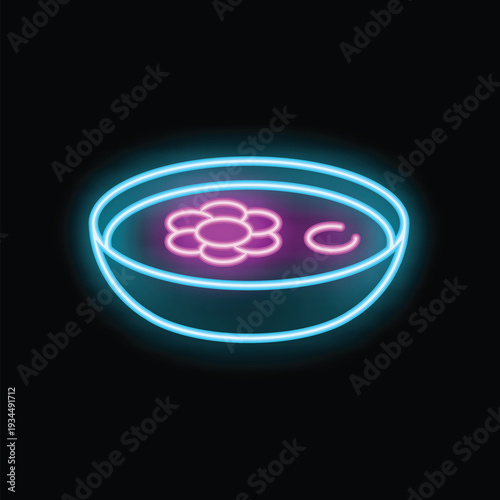 Neon sign of a bowl with hot soup, emanating a warm and inviting glow against a dark backdrop
