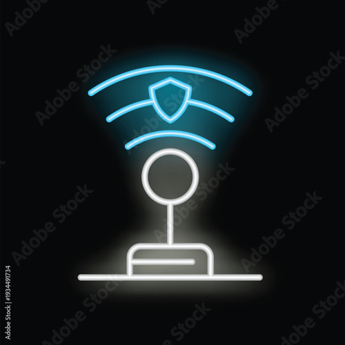 Neon icon of a router transmitting a secure wifi signal, with a shield in the center