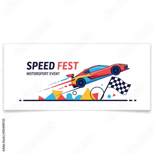 Speed Fest Motorsport Event Banner: Racing Car Jumps Over Track with Checkered Flag