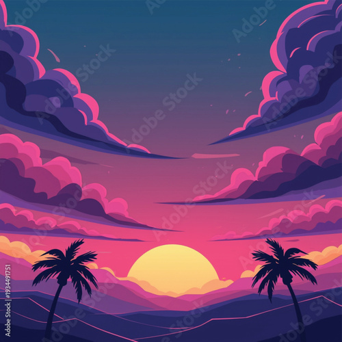 Tropical Sunset Vector Illustration with Silhouette Palm Trees and Vibrant Purple Pink Clouds Over Desert Mountains, Flat Design Summer Landscape for Travel Posters, Backgrounds, and Retro Decor.