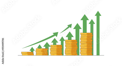 Financial Growth: Stacks of Coins and Upward Arrows Illustrating Profit Increase