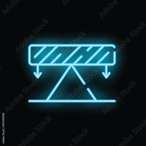 Bright glowing blue neon hydraulic press pressing down on metal plate with arrows
