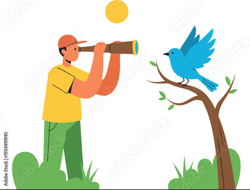 Minimalist hand drawn line art vector of a man birdwatching with a spyglass in a peaceful nature setting.