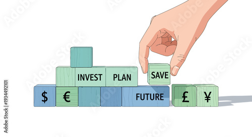 Hand building blocks for financial future: Invest, Plan, Save, Future, Currency Symbols