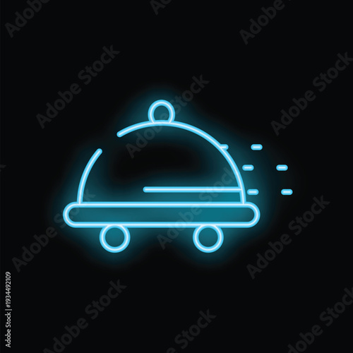 Blue neon sign depicting a food platter with wheels speeding to the right against a black background
