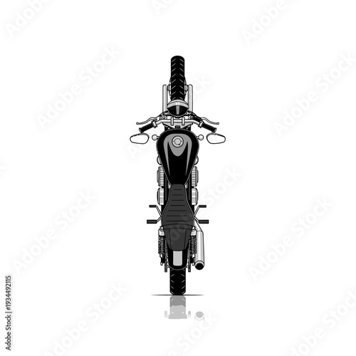 Top view of a classic black motorcycle, vintage style, isolated on white background