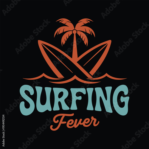Orange surfboard and palm tree with surfing fever text on black background