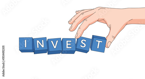 Hand placing last block spelling INVEST, symbolizing investment strategy and financial growth
