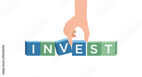Hand placing last letter block to spell INVEST, symbolizing investment and financial growth.