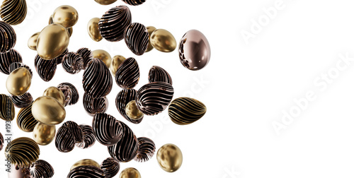 Luxurious gold and bronze Easter eggs in abstract design floating against a clean white backdrop. Perfect for holiday co