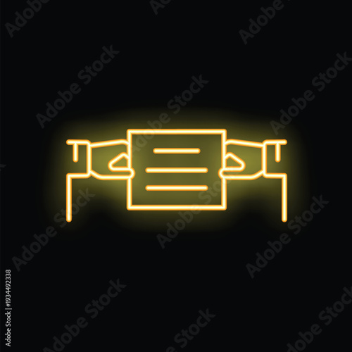 Neon glowing yellow icon of two businessmen holding and exchanging a contract