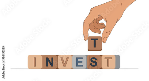 Hand placing last letter to spell INVEST on wooden blocks, symbolizing investment growth and financial planning.