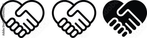 Set of 3 Heart Handshake Icons Vector: Outline and Solid Black Symbols for Partnership, Agreement, and Trust in Business or Social Concepts