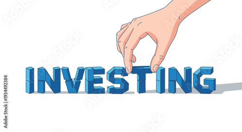Hand placing the letter 'T' on the word INVESTING, symbolizing investment growth and financial planning.