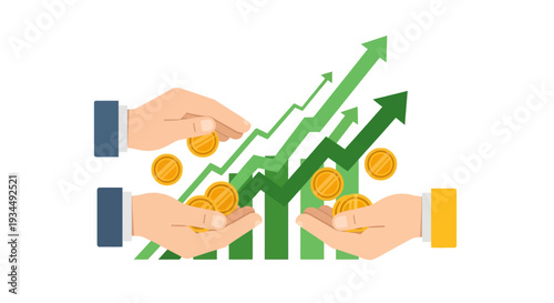 Hands exchanging coins with rising stock market graph, investment growth concept