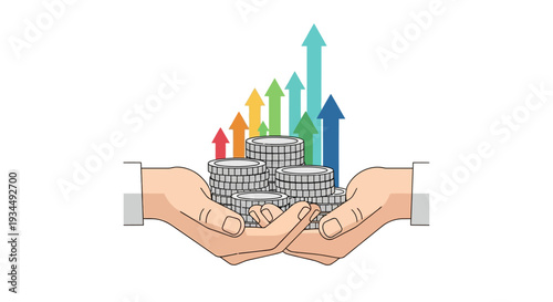 Hands holding coins with rising colorful arrows symbolizing financial growth and investment success