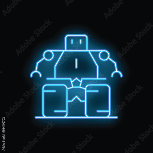 Blue neon glowing robot lifting boxes in a warehouse, concept of logistics and automation