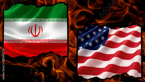 Iran and USA flags with ragged edges on a flame background with copy space.