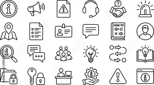Modern Thin Line Customer Support and Information Icons Set with Security, Communication, Help Desk, Warning and Business Assistance Symbols