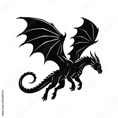 Flying Dragon Extended Wings Silhouette Vector. Dynamic Mid-Air Beast Black Silhouette. Mythical Creature Soaring Clip Art Illustration.