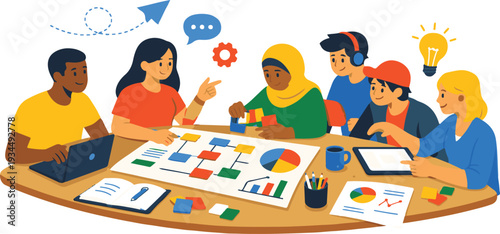 A diverse group of young professionals and students collaborate around a table, planning a creative project with charts, sticky notes, laptop and tablet while exchanging ideas