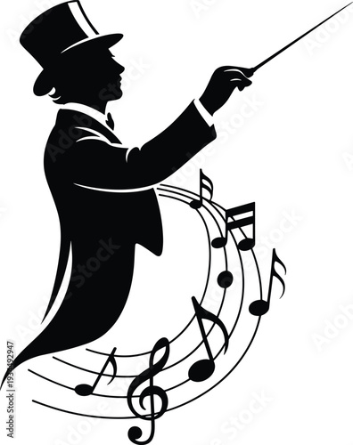 Music conductor silhouette with top hat and flowing notes, classical orchestra maestro isolated on white background illustration