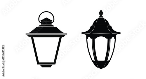 Two ornate black lamps are depicted in a stark minimalist style presenting a bold silhouette high quality professional