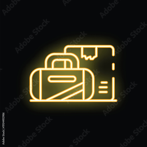 Yellow glowing neon sign depicting a suitcase and luggage on a black background, perfect for themes of vacation and travel