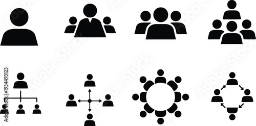 A set of vector line art icons depicting various people and teamwork concepts in silhouette mode