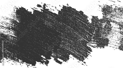 Dark charcoal textured brush stroke across white background with rough edges and speckles